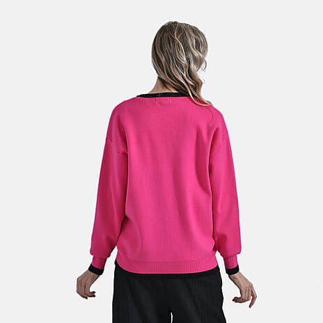 - Maisi Classic V-Neck Button Up Knitted Cardigan (Size XL) - Pink - Black