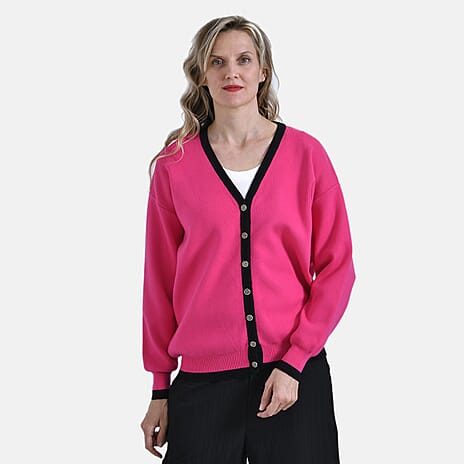 - Maisi Classic V-Neck Button Up Knitted Cardigan (Size XL) - Pink - Black