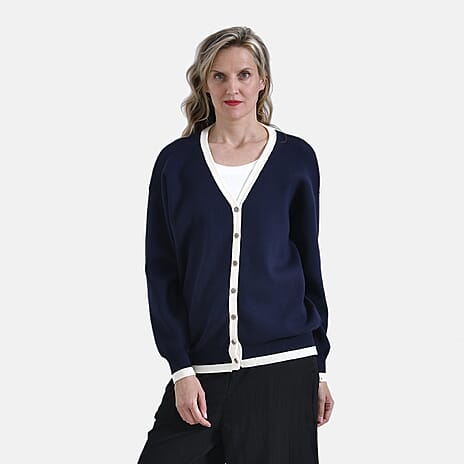 - Maisi Classic V-Neck Button Up Knitted Cardigan (Size L) - Navy - White