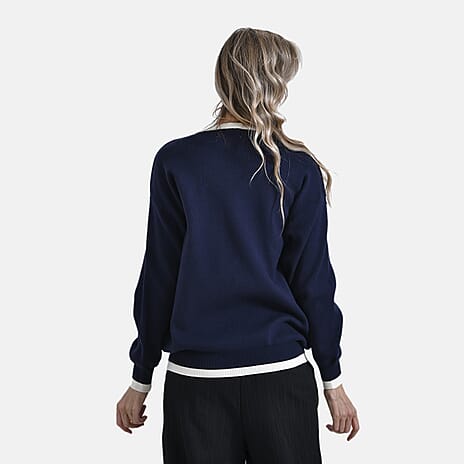 - Maisi Classic V-Neck Button Up Knitted Cardigan (Size L) - Navy - White