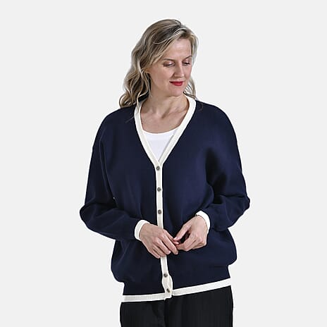 - Maisi Classic V-Neck Button Up Knitted Cardigan (Size L) - Navy - White