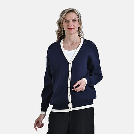 - Maisi Classic V-Neck Button Up Knitted Cardigan (Size L) - Navy - White