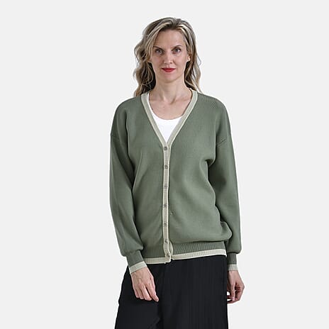 - Maisi Classic V-Neck Button Up Knitted Cardigan (Size S) - Dark - Light Green