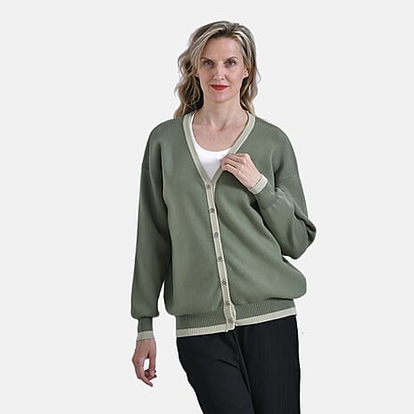 - Maisi Classic V-Neck Button Up Knitted Cardigan (Size M) - Dark - Light Green