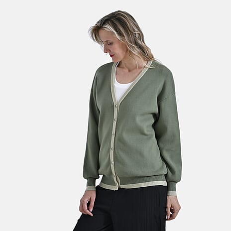 - Maisi Classic V-Neck Button Up Knitted Cardigan (Size L) - Dark - Light Green