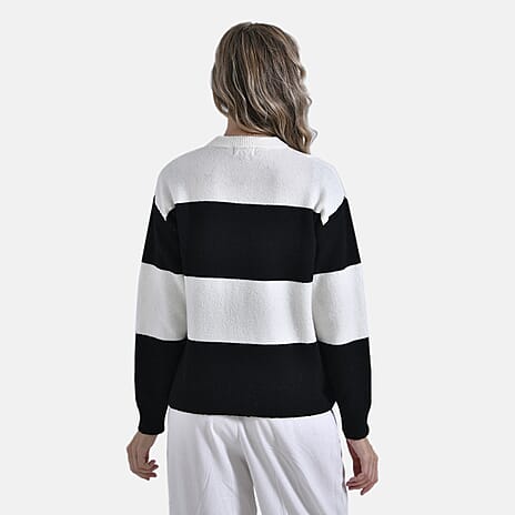 Ladies Casual Striped Crewneck Jumper (Size L) - Black - White