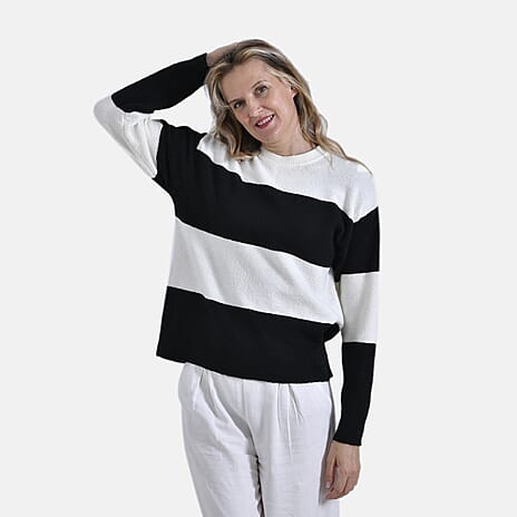 Ladies Casual Striped Crewneck Jumper (Size L) - Black - White