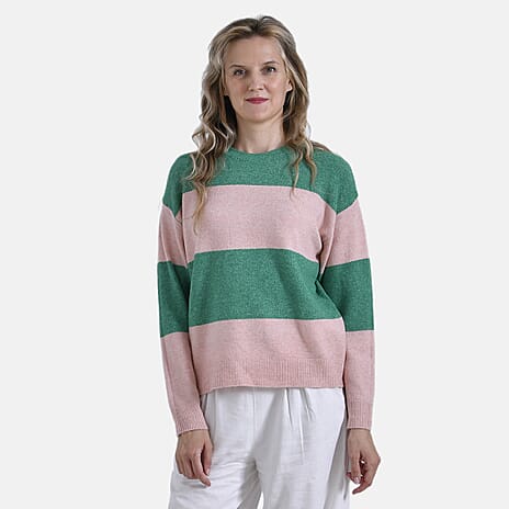 Ladies Casual Striped Crewneck Jumper (Size L) - Pink - Green