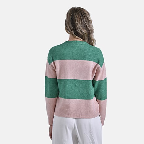 Ladies Casual Striped Crewneck Jumper (Size L) - Pink - Green