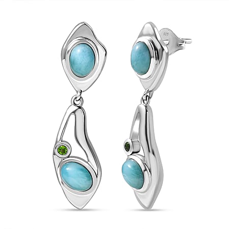 Natural Green Larimar & Natural Chrome Diopside Dangling Earring With Push Back in Rhodium Overlay Sterling Silver  4.16 Ct.