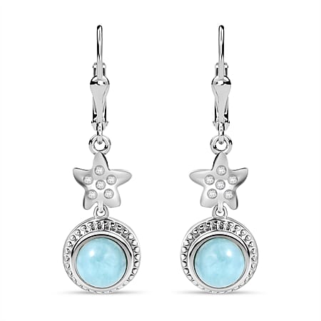 Natural Green Larimar & White Zircon Solitaire Earring With Lever Back in Rhodium Overlay Sterling Silver 3.67 Ct.