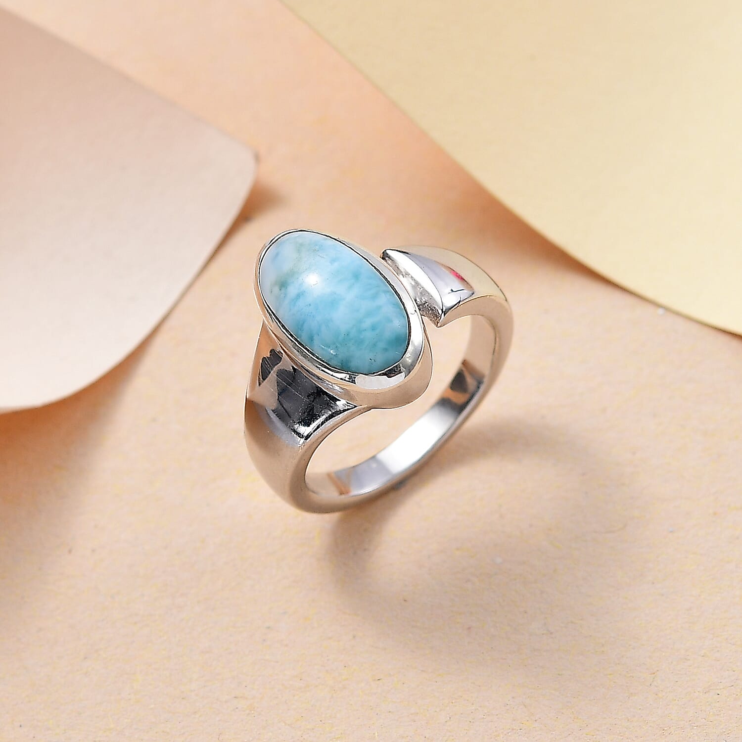 Natural Teal Green Larimar Solitaire Ring in Rhodium Overlay Sterling Silver 3.99 Ct.