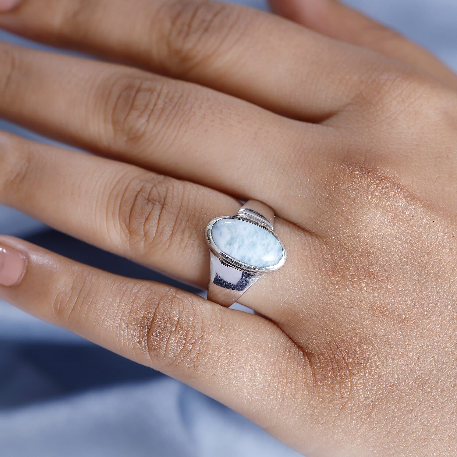 Natural Teal Green Larimar Solitaire Ring in Rhodium Overlay Sterling Silver 3.99 Ct.