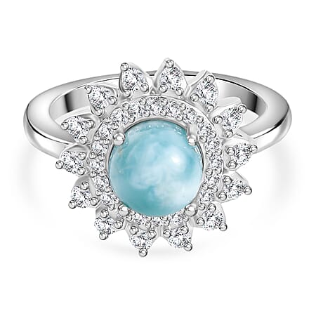 Natural Green Larimar & White Zircon Ring in Rhodium Overlay Sterling Silver 2.53 Ct.