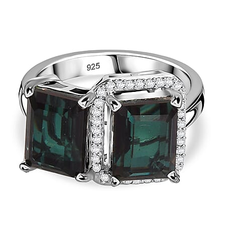 Alexandrite Triplet Quartz, White Zircon Ring in Rhodium Overlay Sterling Silver