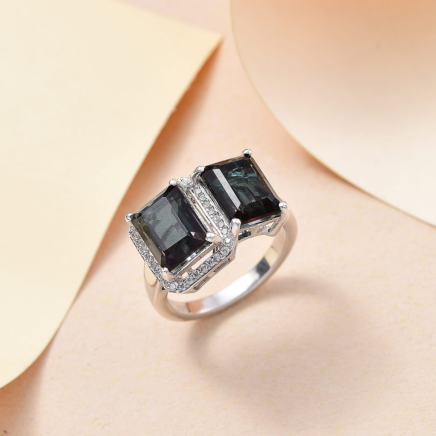 Alexandrite Triplet Quartz, White Zircon Ring in Rhodium Overlay Sterling Silver 5.79 Ct.