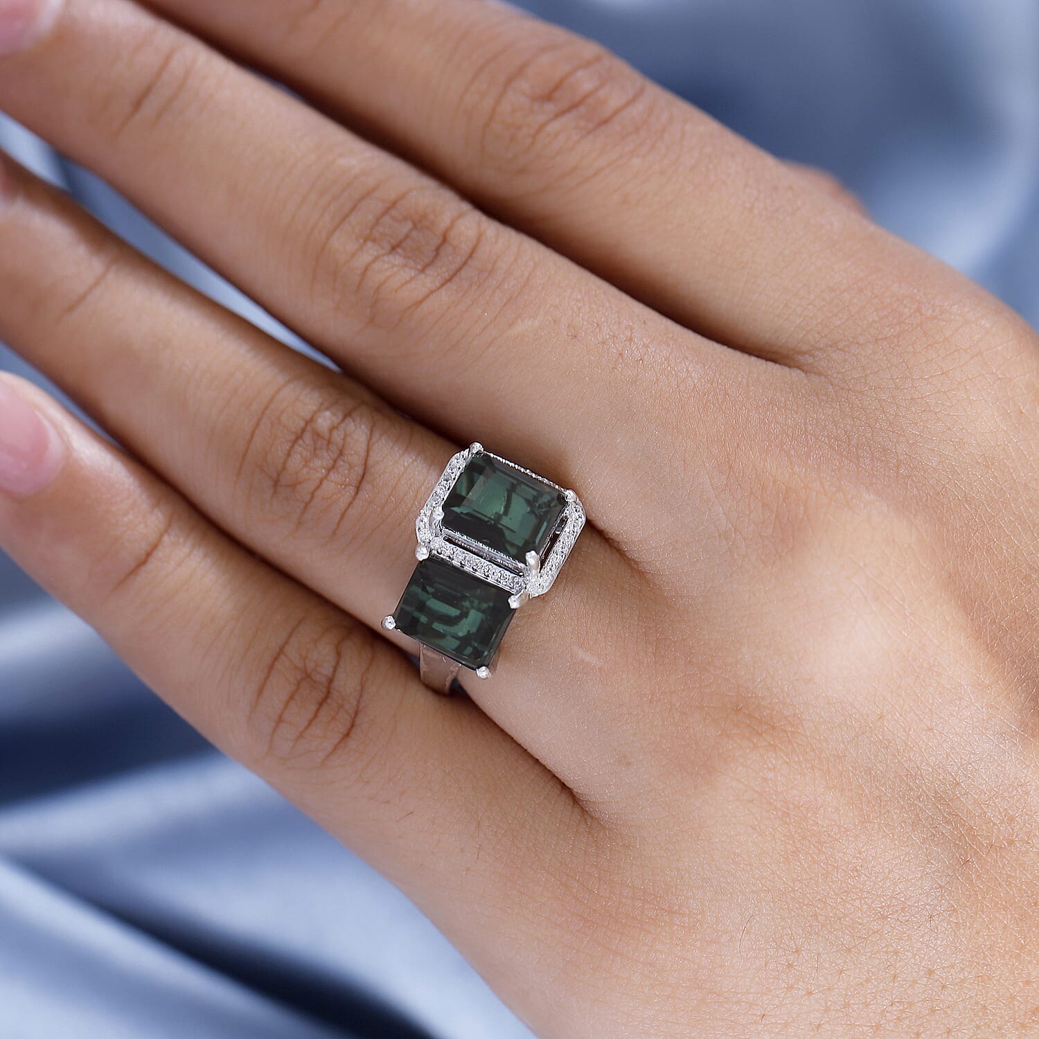 Alexandrite Triplet Quartz, White Zircon Ring in Rhodium Overlay Sterling Silver 5.79 Ct.
