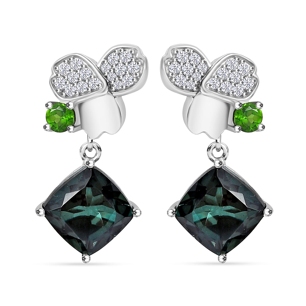 Alexandrite Triplet Quartz, Natural Chrome Diopside & White Zircon  Solitaire Stud Push Post Earring in Rhodium Overlay Sterling Silver 5.76 Ct.