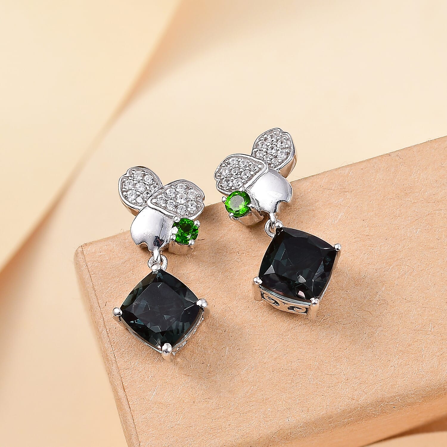 Alexandrite Triplet Quartz, Natural Chrome Diopside & White Zircon  Solitaire Stud Push Post Earring in Rhodium Overlay Sterling Silver 5.76 Ct.