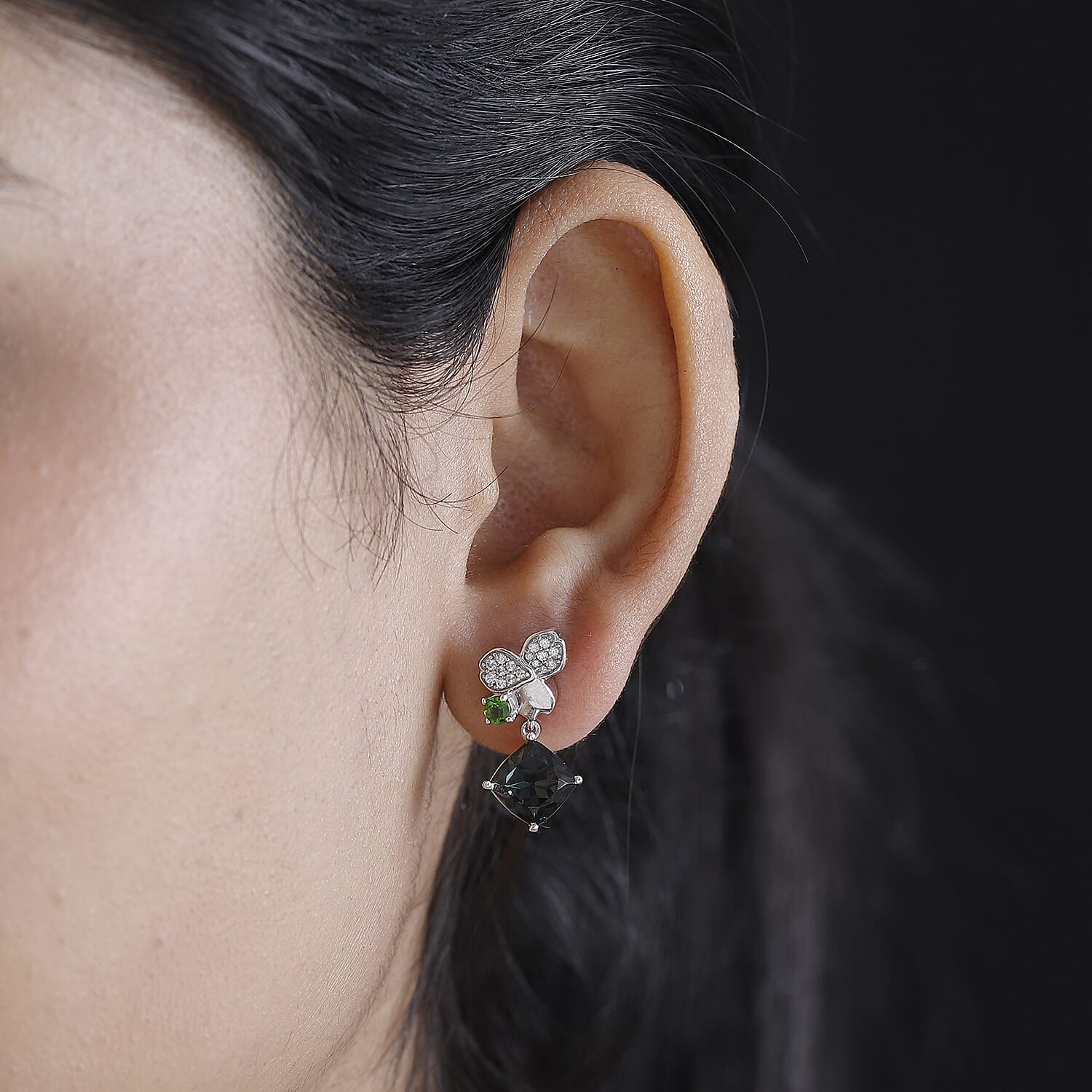 Alexandrite Triplet Quartz, Natural Chrome Diopside & White Zircon  Solitaire Stud Push Post Earring in Rhodium Overlay Sterling Silver 5.76 Ct.