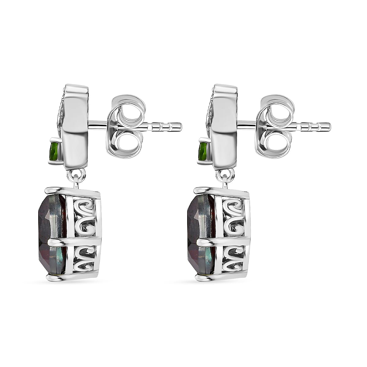 Alexandrite Triplet Quartz, Natural Chrome Diopside & White Zircon  Solitaire Stud Push Post Earring in Rhodium Overlay Sterling Silver 5.76 Ct.