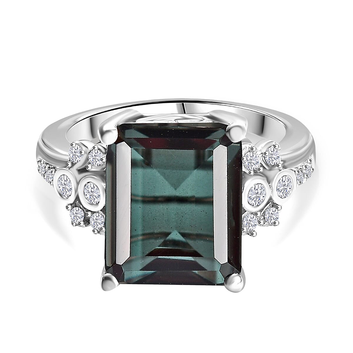 Alexandrite Triplet Quartz, White Zircon Ring in Rhodium Overlay Sterling Silver 7.03 Ct.