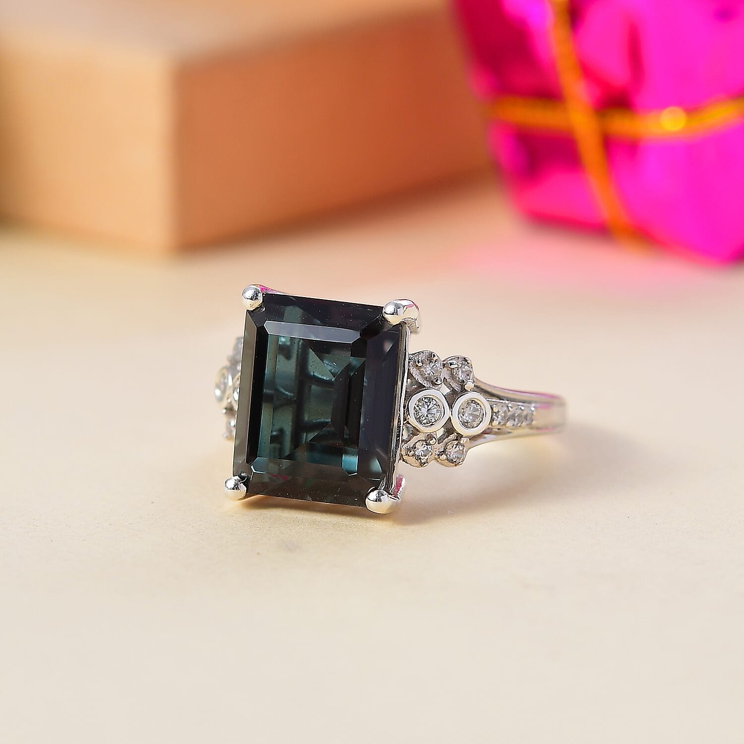 Alexandrite Triplet Quartz, White Zircon Ring in Rhodium Overlay Sterling Silver 7.03 Ct.