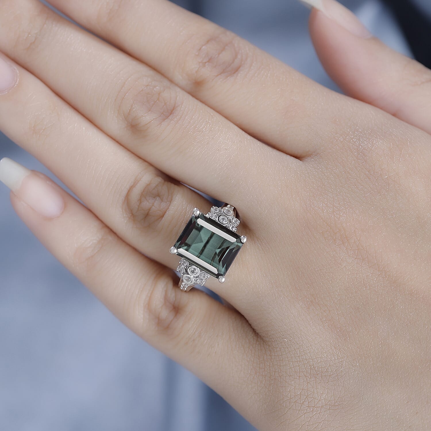 Alexandrite Triplet Quartz, White Zircon Ring in Rhodium Overlay Sterling Silver 7.03 Ct.