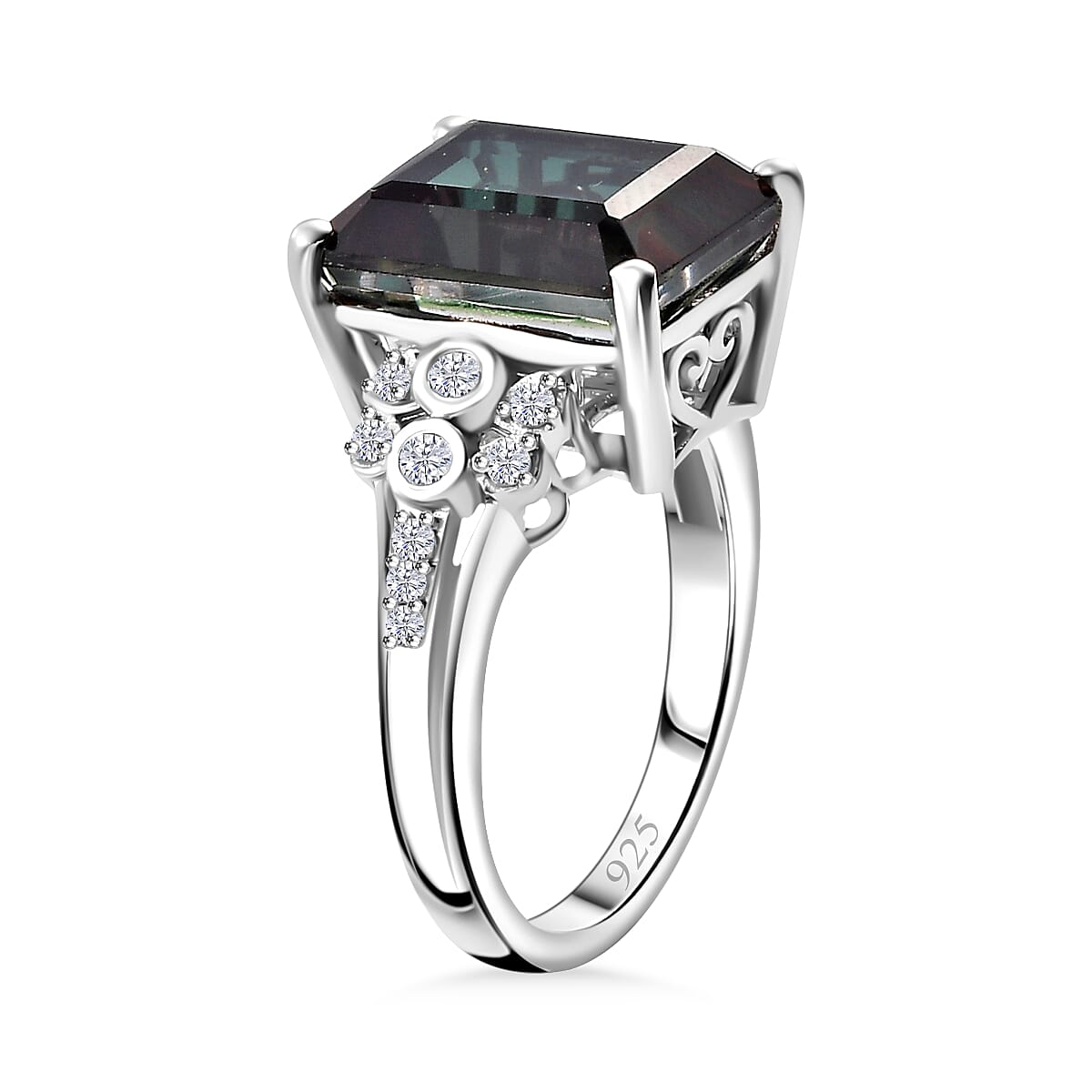 Alexandrite Triplet Quartz, White Zircon Ring in Rhodium Overlay Sterling Silver 7.03 Ct.