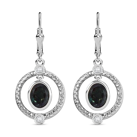 Alexandrite Triplet Quartz, White Zircon Dangling Earrings in Rhodium Overlay Sterling Silver 3.13  Ct.