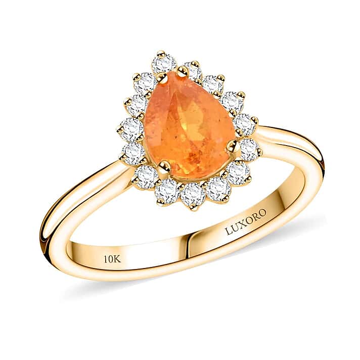 Certified & Appraised LUXORO 1.37 Ct. AAA Fanta Garnet, Diamond Halo Ring in 10K Yellow Gold