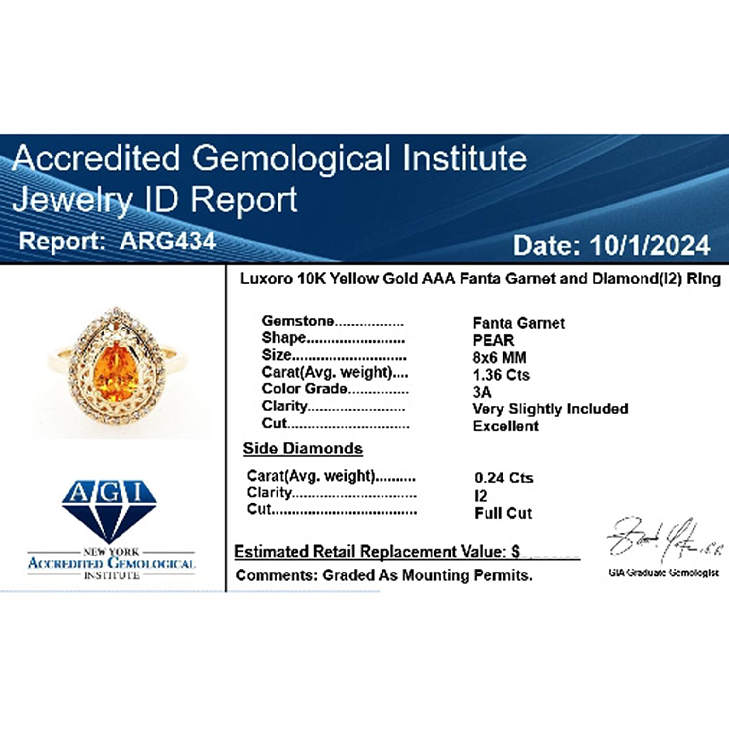 10K Yellow Gold  AAA   Fanta Garnet ,  White Diamond  I2 Ring 1.60 ct,  Gold Wt. 4.09 Gms  1.600  Ct.