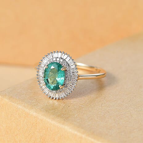 9K Yellow Gold AAA Gemfields Zambian Emerald & White Diamond Ring 1.57 Ct.