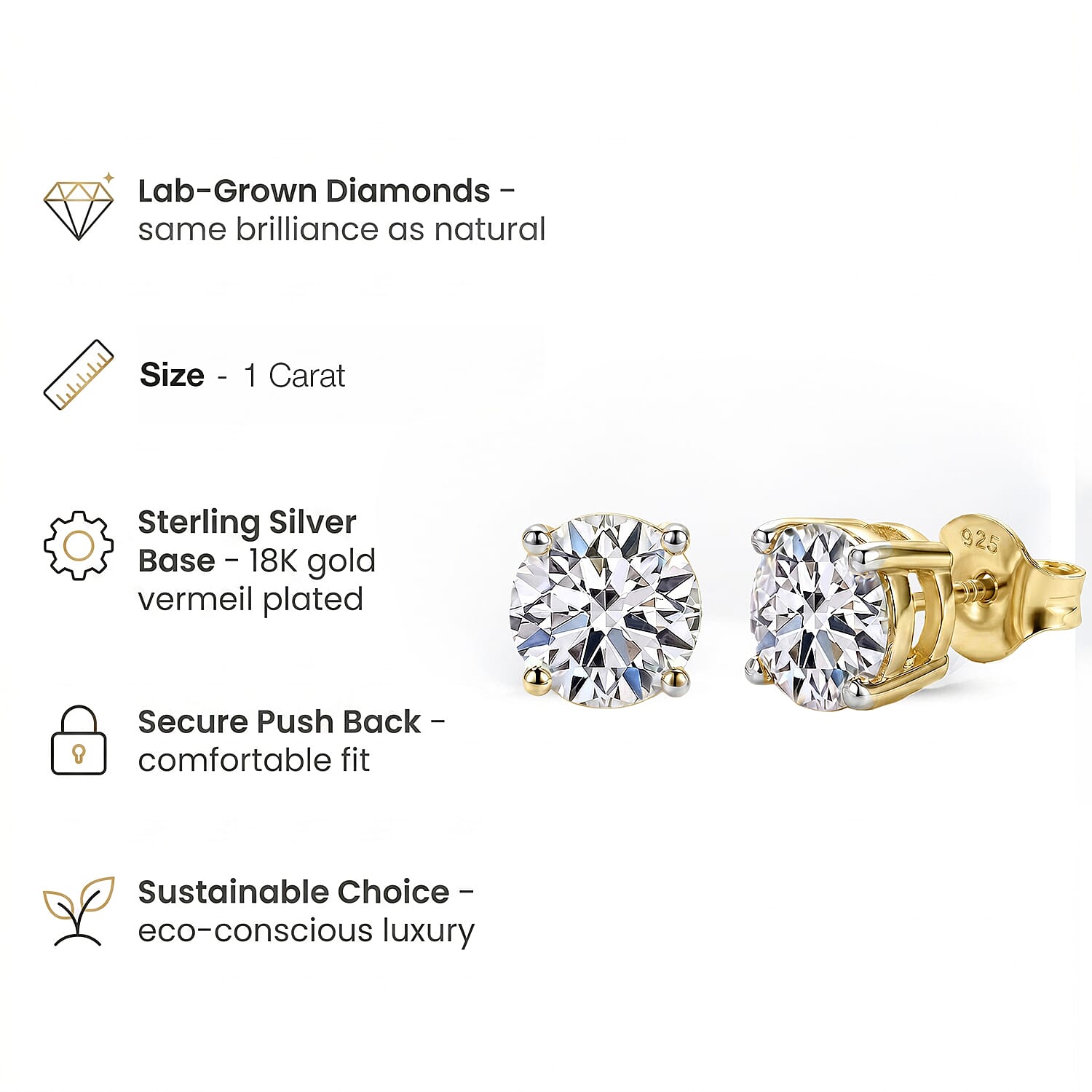 Luxuriant Lab Grown Diamond (SI-GH) Solitaire Stud Push Back Earring in 18K Vermeil Yellow Gold Plated Sterling Silver 0.50 Ct.