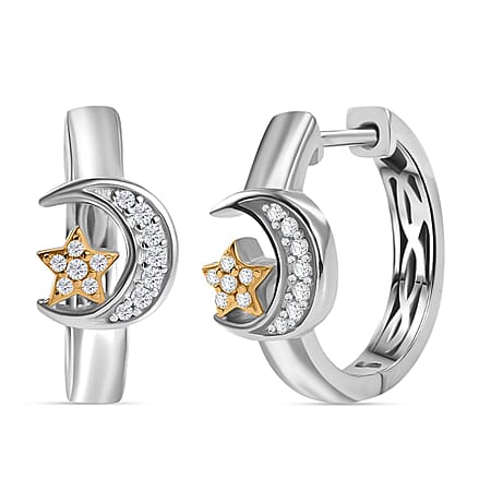 GP Celestial Dream Collection - Moissanite Crescent Moon Star Hoop Earrings in Rhodium and 18K Vermeil Yellow Gold Plated Sterling Silver