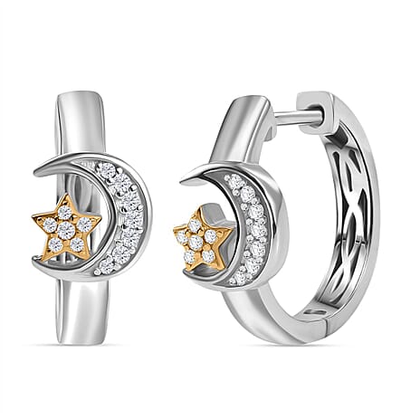 GP Celestial Collection - Moissanite & Blue Sapphire Hoop Earring in 18K Vermeil Yellow Gold Plated & Rhodium Overlay Sterling Silver