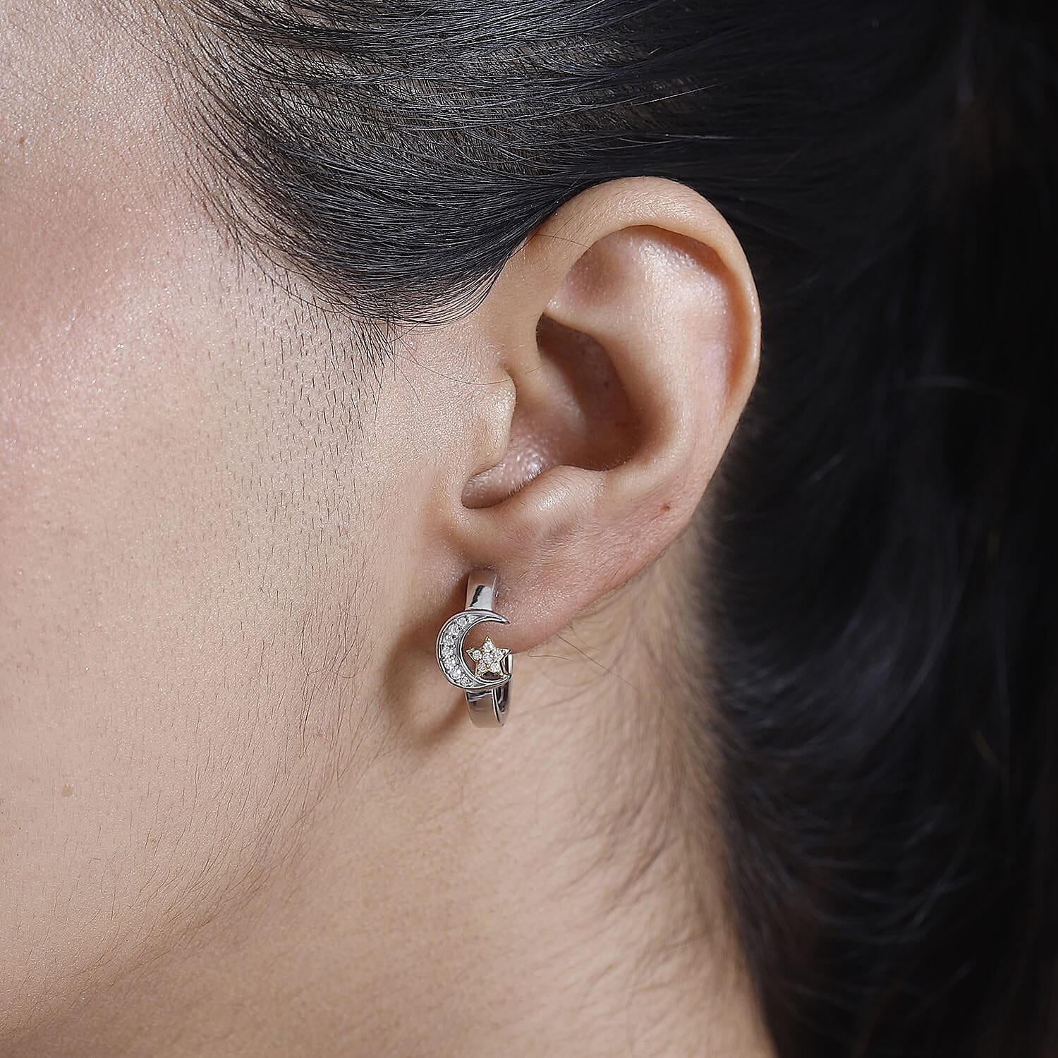 GP Celestial Collection - Moissanite & Blue Sapphire Hoop Earring in 18K Vermeil Yellow Gold Plated & Rhodium Overlay Sterling Silver