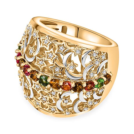 GP Celestial Collection - Multi-Tourmaline,Blue Sapphire & White Zircon Cluster Ring in 18K Vermeil Yellow Gold Plated Rodium Overlay Sterling 1.40 Ct