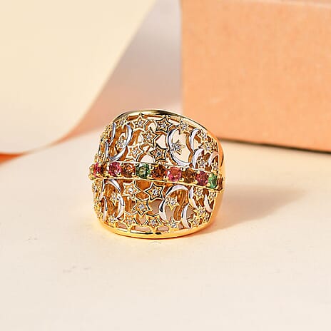 GP Celestial Collection - Multi-Tourmaline,Blue Sapphire & White Zircon Cluster Ring in 18K Vermeil Yellow Gold Plated Rodium Overlay Sterling 1.40 Ct