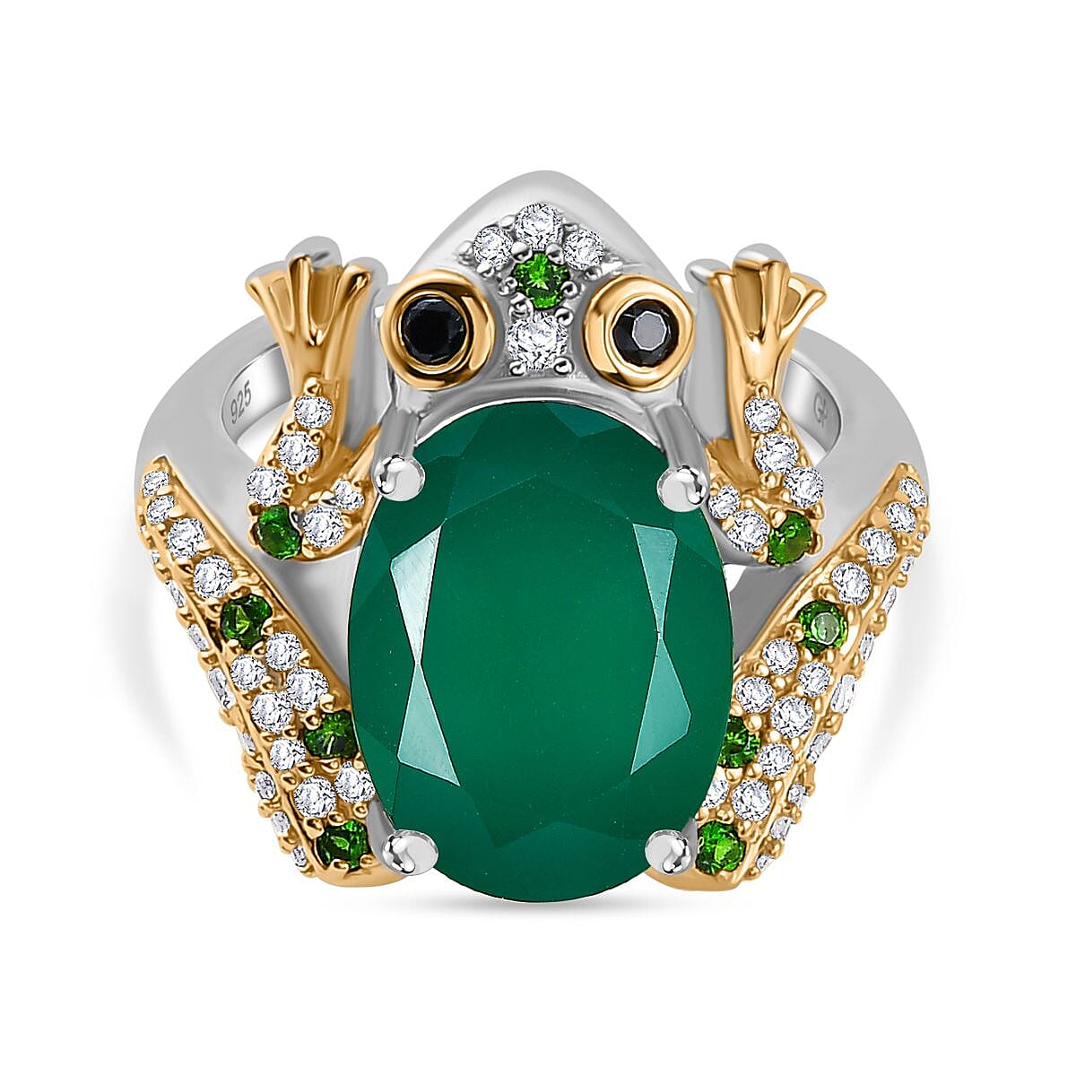 GP Green Onyx & Multi Gemstones Frog Ring in Rhodium and 18K Vermeil Yellow Gold Plated Sterling Silver 6.22 Ct