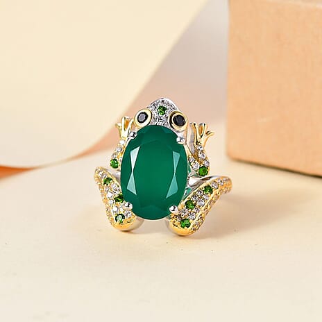 GP Green Onyx & Multi Gemstones Frog Ring in Rhodium and 18K Vermeil Yellow Gold Plated Sterling Silver 6.22 Ct