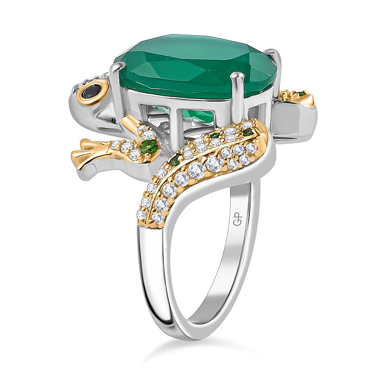GP Green Onyx & Multi Gemstones Frog Ring in Rhodium and 18K Vermeil Yellow Gold Plated Sterling Silver 6.22 Ct