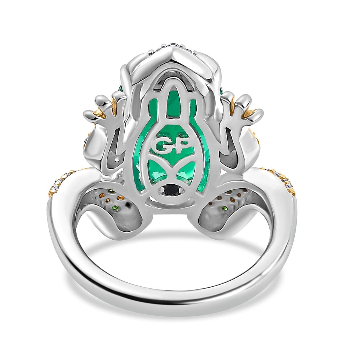 GP Green Onyx & Multi Gemstones Frog Ring in Rhodium and 18K Vermeil Yellow Gold Plated Sterling Silver 6.22 Ct