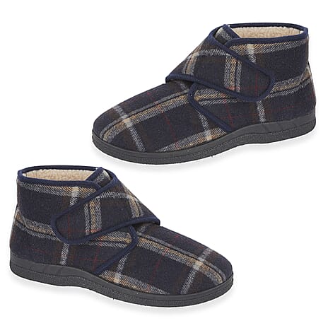Jo - Joe Mens CECIL Checked Touch - Close Bootee Slippers (Size 10) - Navy