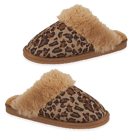 Jo - Joe Ladies FABLE Faux Fur Cuff Mule Slippers (Size 4) - Leopard Brown