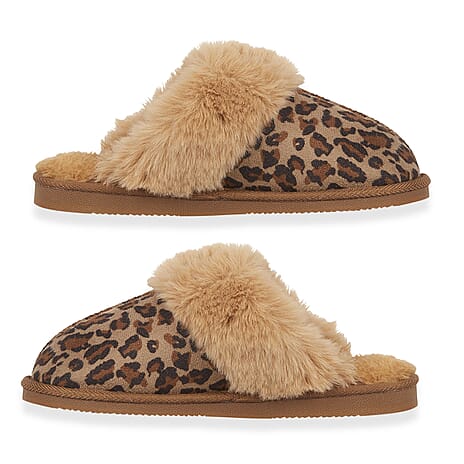 Jo - Joe Ladies FABLE Faux Fur Cuff Mule Slippers (Size 4) - Leopard Brown