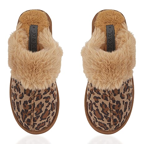 Jo - Joe Ladies FABLE Faux Fur Cuff Mule Slippers (Size 4) - Leopard Brown