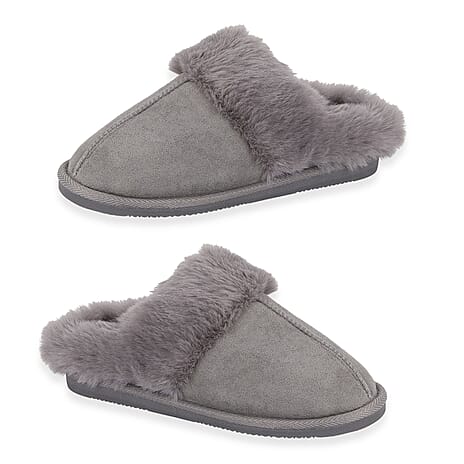 Jo - Joe Ladies SAVANNAH Fleecy Lined Mule Slipper with Luxurious Fur Collar (Size 5) - Grey