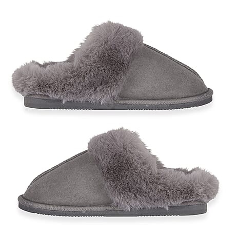 Jo - Joe Ladies SAVANNAH Fleecy Lined Mule Slipper with Luxurious Fur Collar (Size 5) - Grey