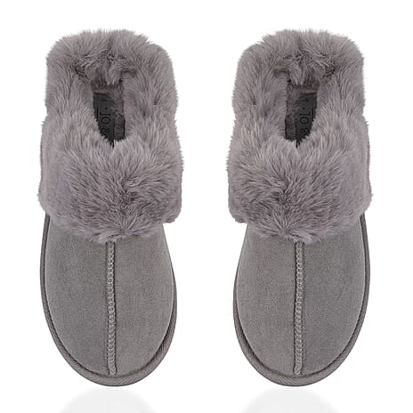Jo - Joe Ladies SAVANNAH Fleecy Lined Mule Slipper with Luxurious Fur Collar (Size 5) - Grey